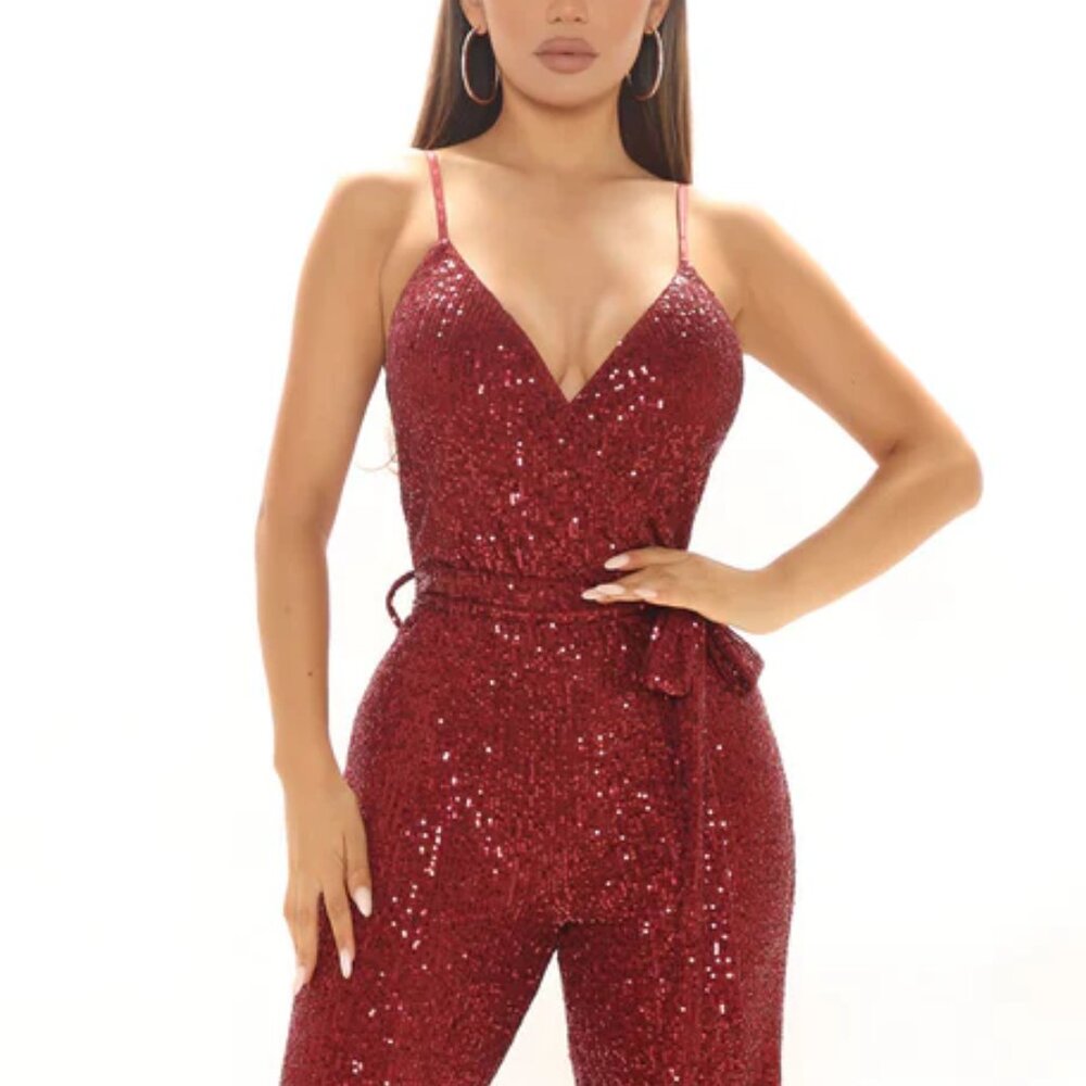 Fashion Nova Can’t Hide The Shine Sequin Jumpsuit | Burgundy | Size XL | NWT